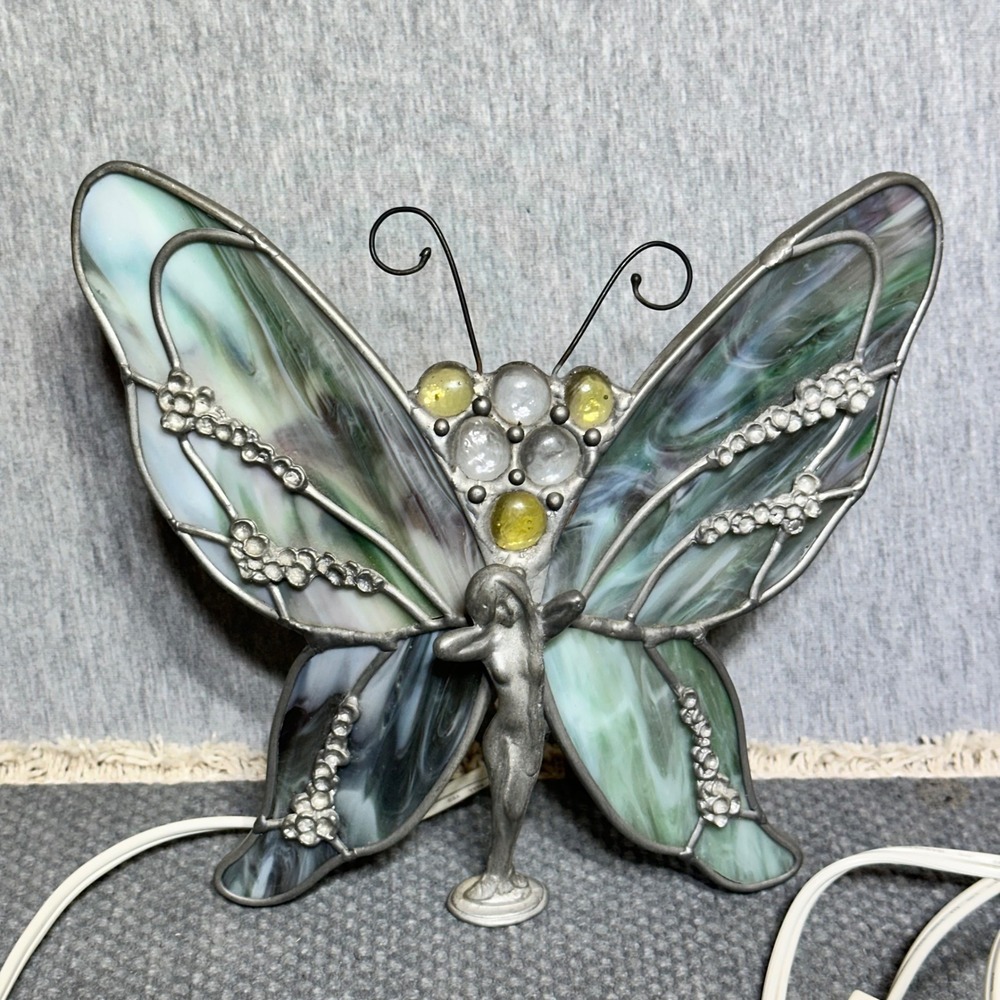 Vintage Paul Sahlin Tiffany Style Stained Glass Fairy Butterfly Night Light